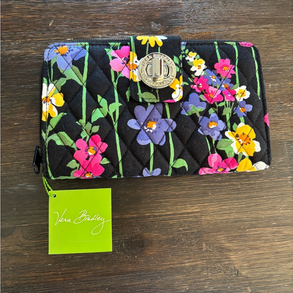 Vera Bradley Black Quilted Floral Zip Wallet with Multicolor Blooms